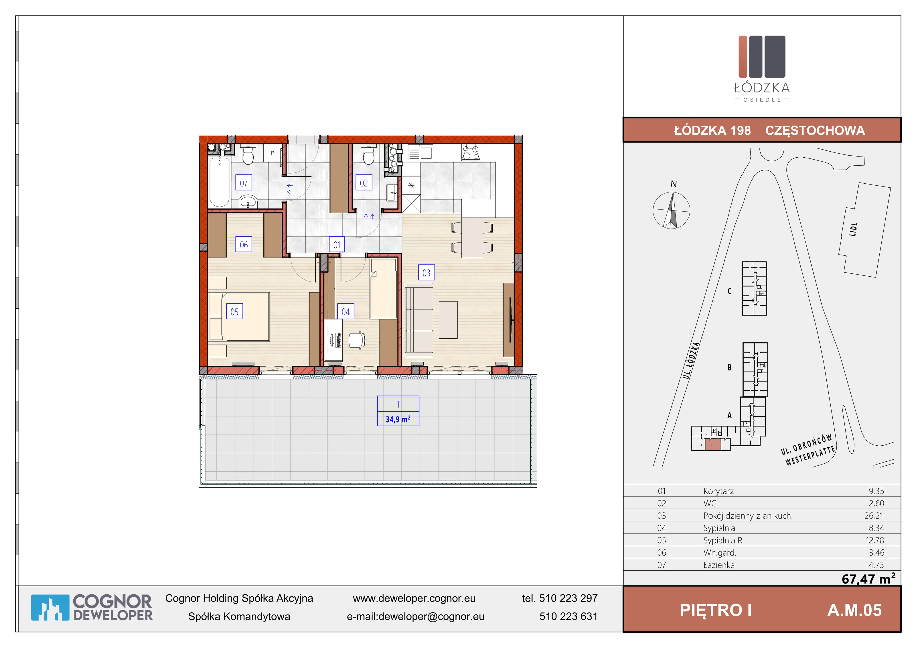 3 pokoje, mieszkanie 67,47 m², piętro 1, oferta nr A.M.05, Łódzka Osiedle, Częstochowa, Częstochówka-Parkitka, ul. Łódzka 198, 200, 202